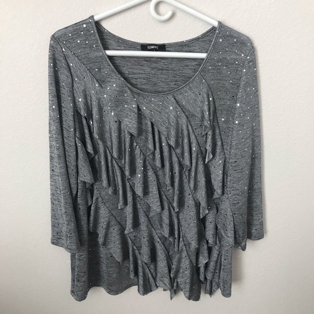 Grey Sequin Top with Diagonal Ruffles
